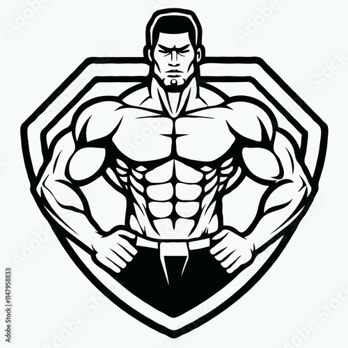 Muscle man logo and emblem, athletic figure training on a clean white background.