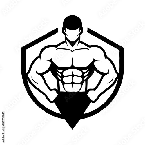 Fitness logotype of a strong man training, muscle emblem on white.
