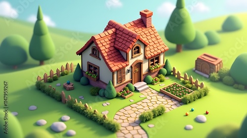 Charming cartoon house nestled in a picturesque rural landscape, Generative AI