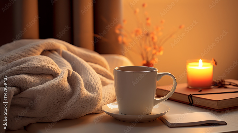 Cozy evening scene with a warm beverage, soft blanket, and a flickering candle. Perfect for relaxation and quiet contemplation. Cozy evening scene with a warm beverage, soft blanket, and a flickering candle. Perfect for relaxation and quiet contemplation.