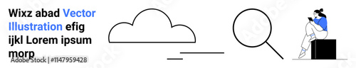 Cloud icon, large magnifying glass, young woman seated reading a book on a black box, and textual elements in a minimalist, modern style. Ideal for education, technology, data search, cloud