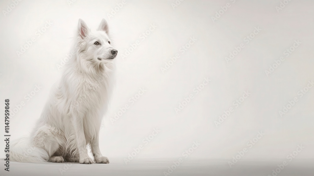Obraz premium Majestic White Dog Sitting on a Light Background in Profile View