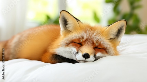 A small, adorable fox rests comfortably on a soft white bed, surrounded by a warm atmosphere created by a Christmas tree adorned with lights in the background