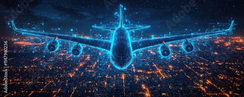 Digital blueprint of an airplane over a cityscape with a futuristic vibe