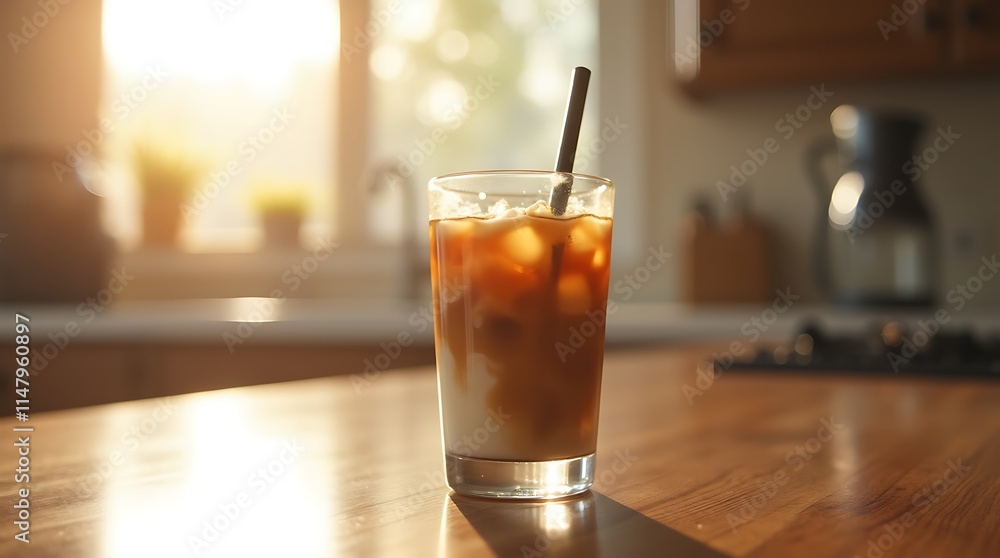Iced Coffee Drink in Kitchen at Sunrise, Generative AI Iced Coffee Drink in Kitchen at Sunrise, Generative AI
