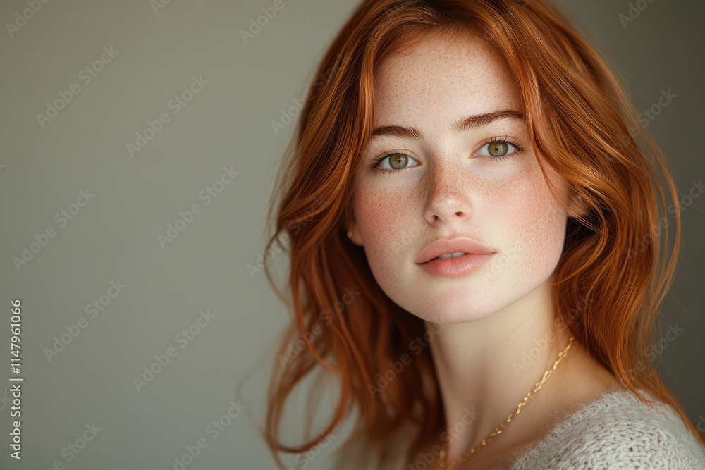 Naklejka premium A portrait of a young woman with vibrant red hair and freckles, gazing directly at the camera.