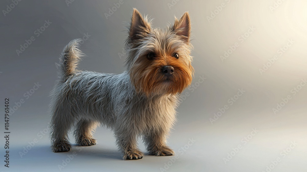 Cute small dog with fluffy fur posing in soft light backdrop Cute small dog with fluffy fur posing in soft light backdrop