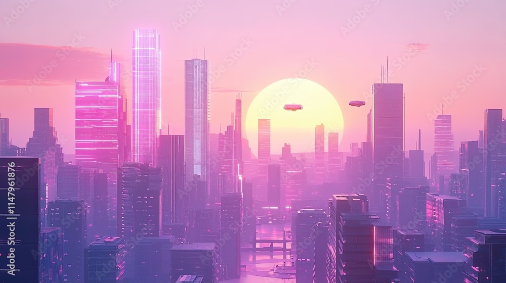 A cityscape with a pink sun in the sky A cityscape with a pink sun in the sky