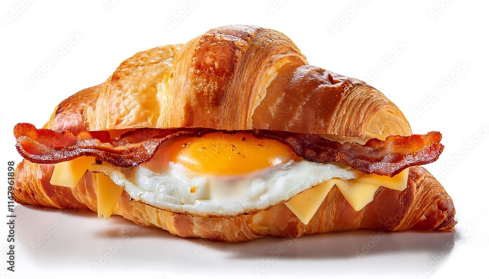 A breakfast sandwich with egg, bacon, and cheese on a croissant is isolated on a white background A breakfast sandwich with egg, bacon, and cheese on a croissant is isolated on a white background