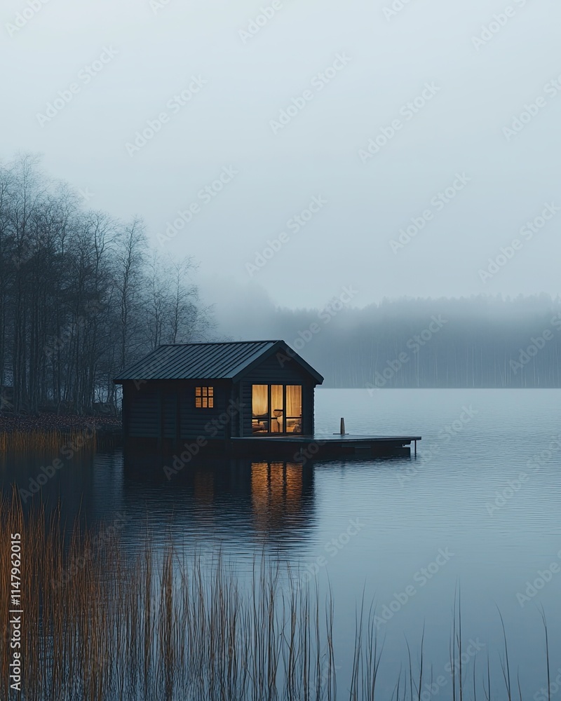 Fototapeta premium A small cabin is sitting on a dock in front of a lake