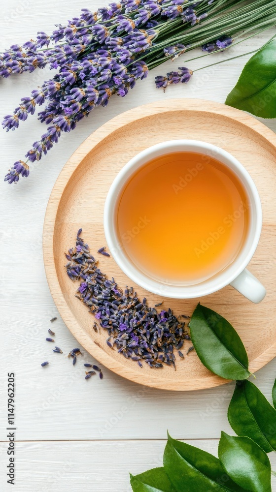 A cup of warm herbal tea rests on a wooden tray alongside fresh lavender sprigs and a simple notebook, creating a calm and inviting atmosphere perfect for relaxation