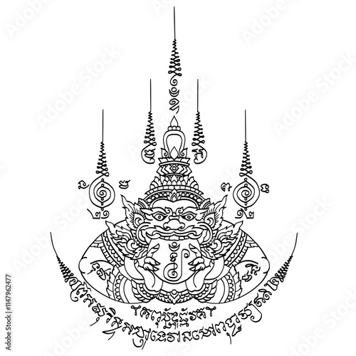 YANT RAHU OM CHAN means Rahu swallows the moon. The meaning is believed to to prevent the bearer from harm harms and dangers.