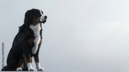 Majestic Bernese Mountain Dog Sitting Against Minimalist Background