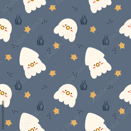 White squid cartoon so cute. On starfish seaweed blue background. Pattern seamless vector illustration. 
