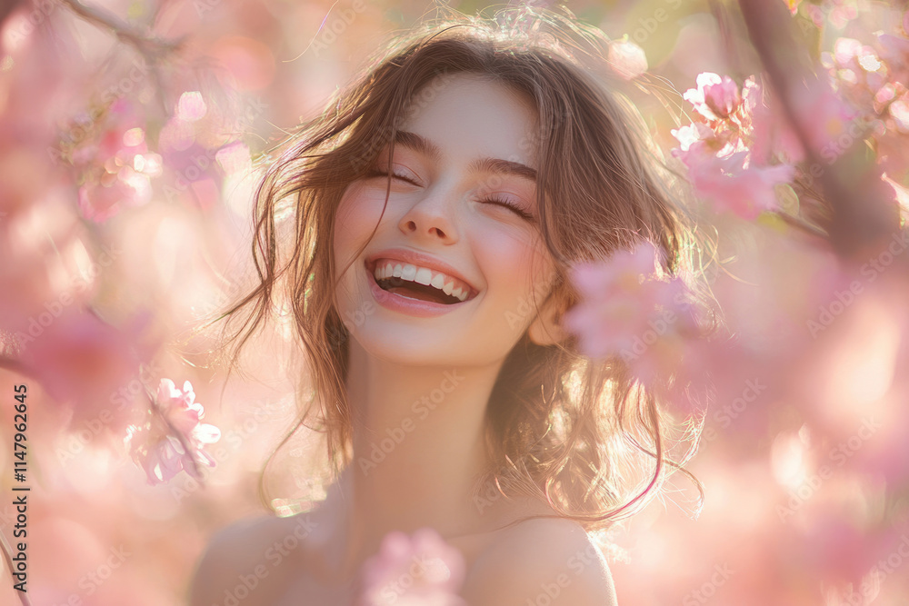 A radiant young woman with a bright smile, surrounded by blooming pink flowers in springtime. A radiant young woman with a bright smile, surrounded by blooming pink flowers in springtime.