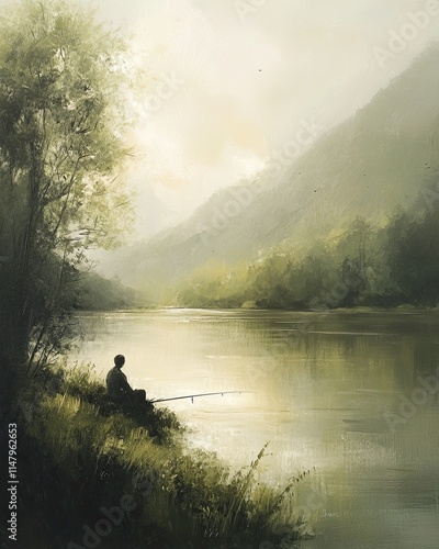 A man is sitting by a river, fishing