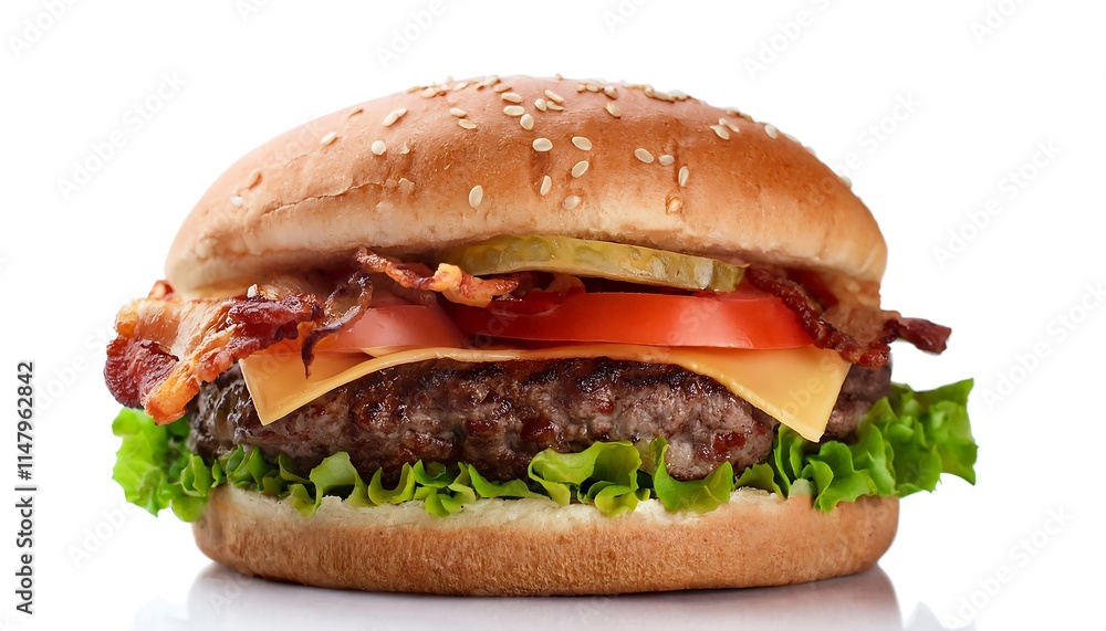 A hamburger with lettuce, tomato, cheese and bacon is presented on a white background A hamburger with lettuce, tomato, cheese and bacon is presented on a white background
