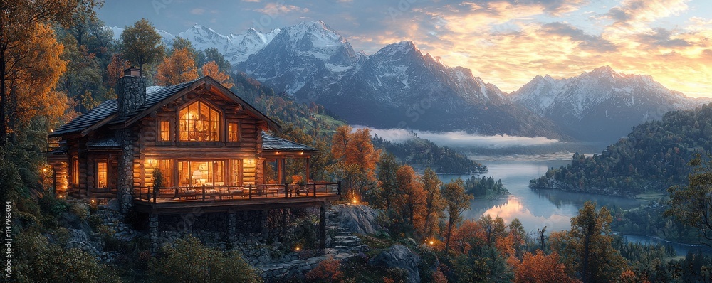 Fototapeta premium Rustic log cabin nestled in autumn mountains overlooking a tranquil lake