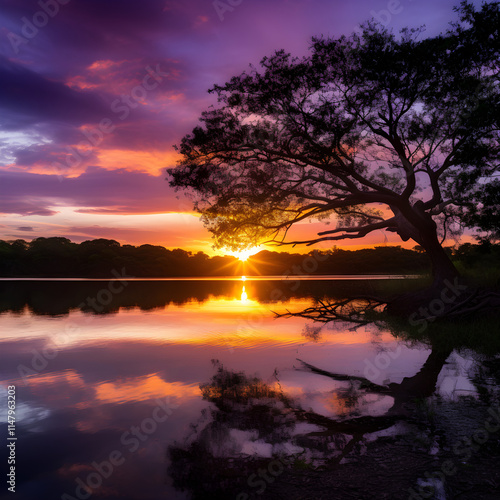 Stunning Sunset Over Peaceful Lake: A Mesmerizing Display of Natural Beauty in Compact 6x8 cm Dimensions photo