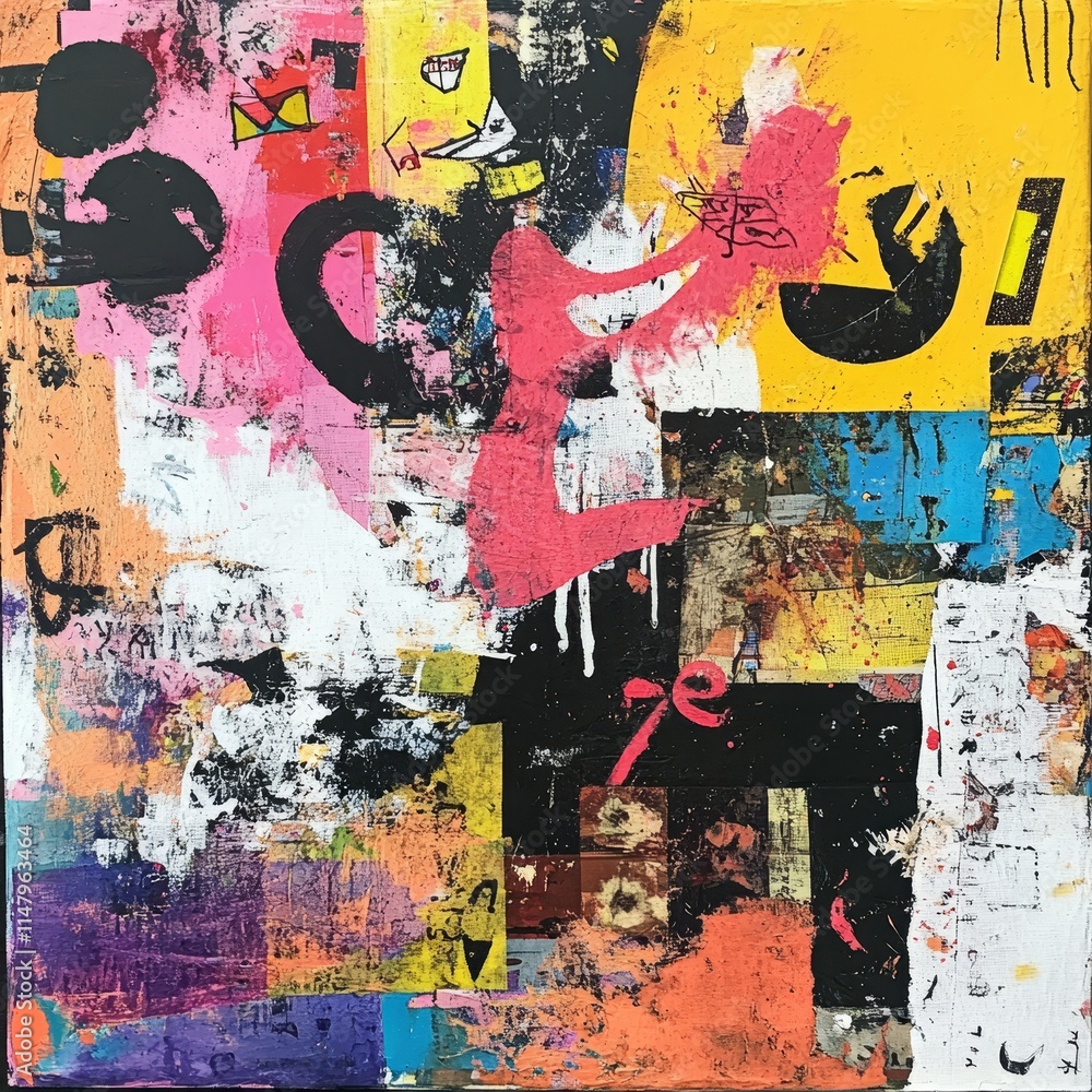 Fototapeta premium Colorful Abstract Artwork Featuring Bold Shapes and Vibrant Brush Strokes in a Mix of Media and Textures Displayed in an Art Gallery Setting