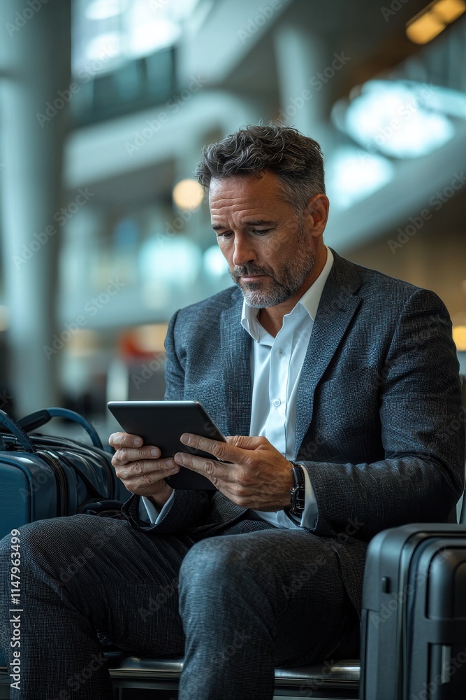 Businessman using a tablet while waiting at the modern airport terminal Businessman using a tablet while waiting at the modern airport terminal