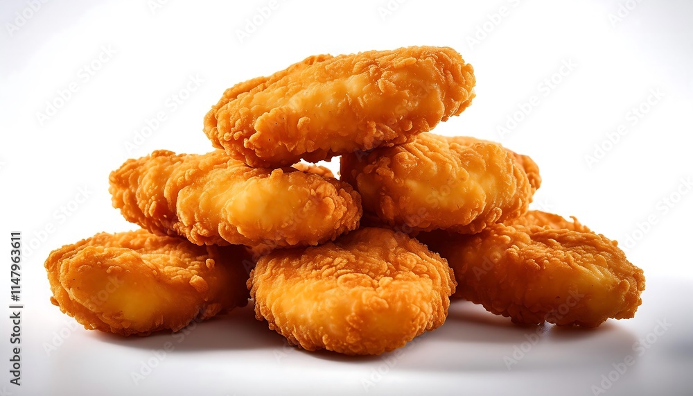 A pile of golden brown, fried chicken nuggets rests on a white background A pile of golden brown, fried chicken nuggets rests on a white background