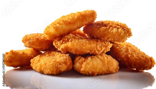 A pile of golden brown, fried chicken nuggets rests on a white background