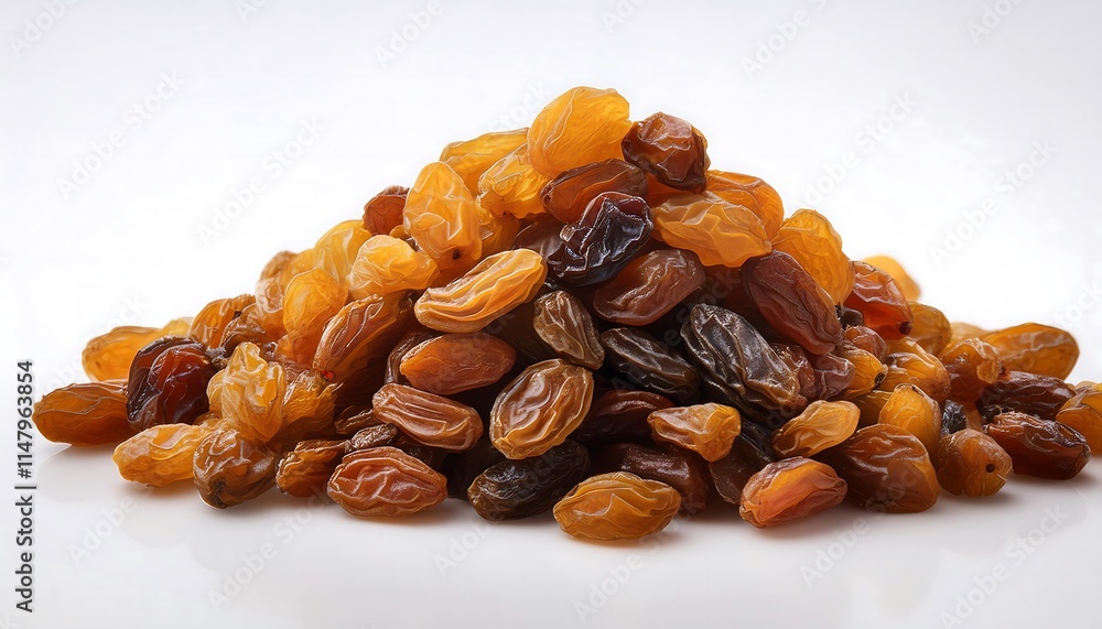 A pile of raisins is shown against a plain white background. A pile of raisins is shown against a plain white background.