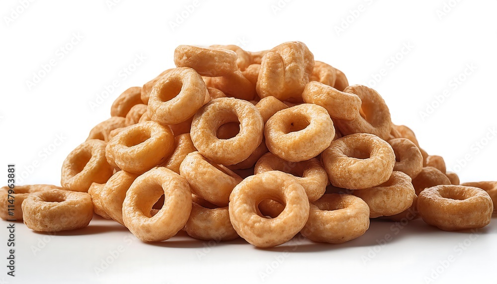A pile of light brown, ring-shaped cereal is displayed against a white background A pile of light brown, ring-shaped cereal is displayed against a white background