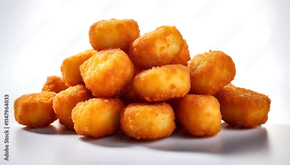 A pile of tater tots is shown against a plain white background. A pile of tater tots is shown against a plain white background.