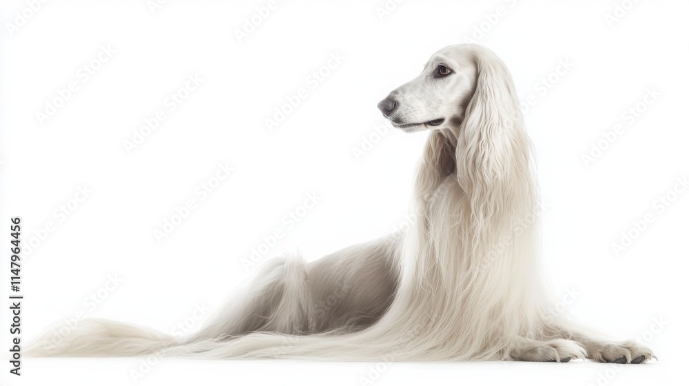 Elegant White Dog with Flowing Coat Posed on a Clean Background Elegant White Dog with Flowing Coat Posed on a Clean Background