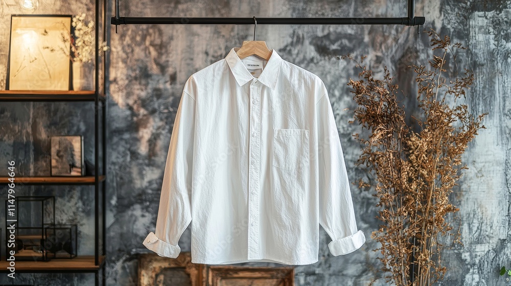 Naklejka premium imagine prompt: industrial manufactured white shirt with oversized sl
