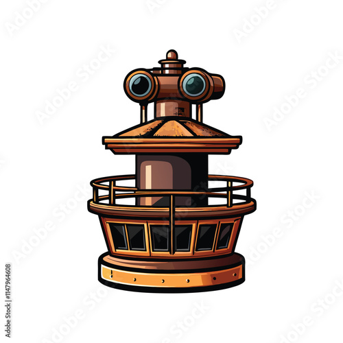 Create a realistic vector illustration of a ship's crow's nest lookout post, high up, detailed and with a nautical feel.  Include rigging and wooden construction.