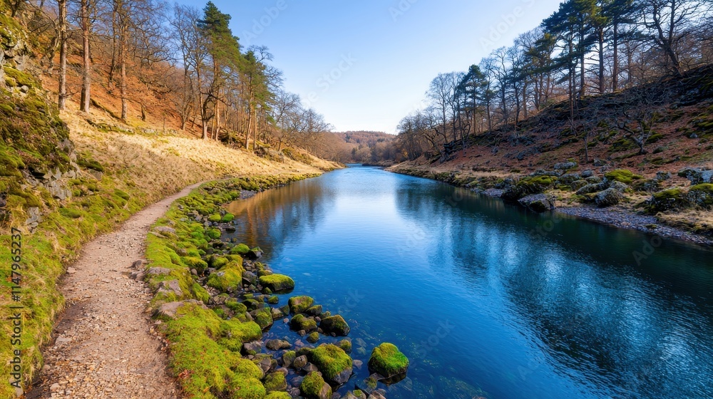 Scenic River with Lush Greenery and Clear Blue Sky in Nature Scenic River with Lush Greenery and Clear Blue Sky in Nature