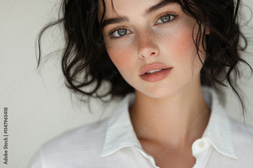 Naklejka premium Close-up portrait of a young woman with freckles and wavy dark hair, wearing a white shirt.