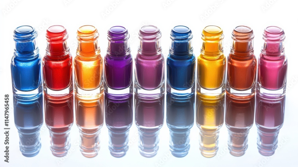 A vibrant display of colorful nail polish bottles reflecting light beautifully. A vibrant display of colorful nail polish bottles reflecting light beautifully.