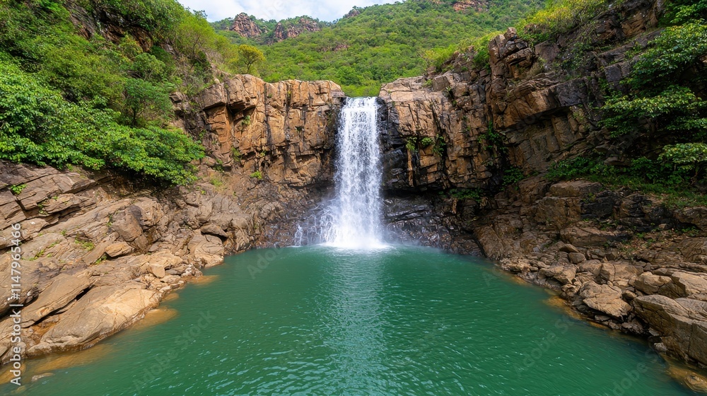 Naklejka premium Serene Waterfall Cascading into Crystal Clear Mountain Pool