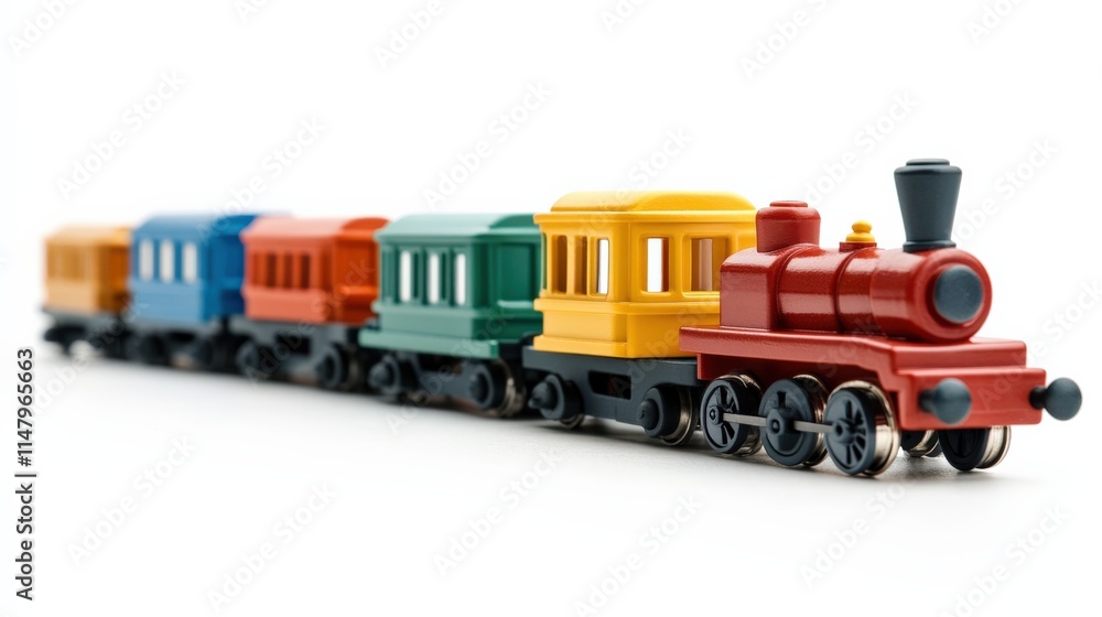 Colorful toy train model with multiple cars, perfect for children's play and imagination. Colorful toy train model with multiple cars, perfect for children's play and imagination.
