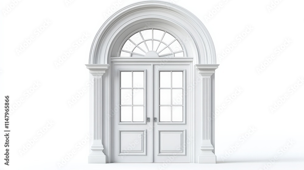 Elegant white double door with arched window, symbolizing entry and open possibilities. Elegant white double door with arched window, symbolizing entry and open possibilities.
