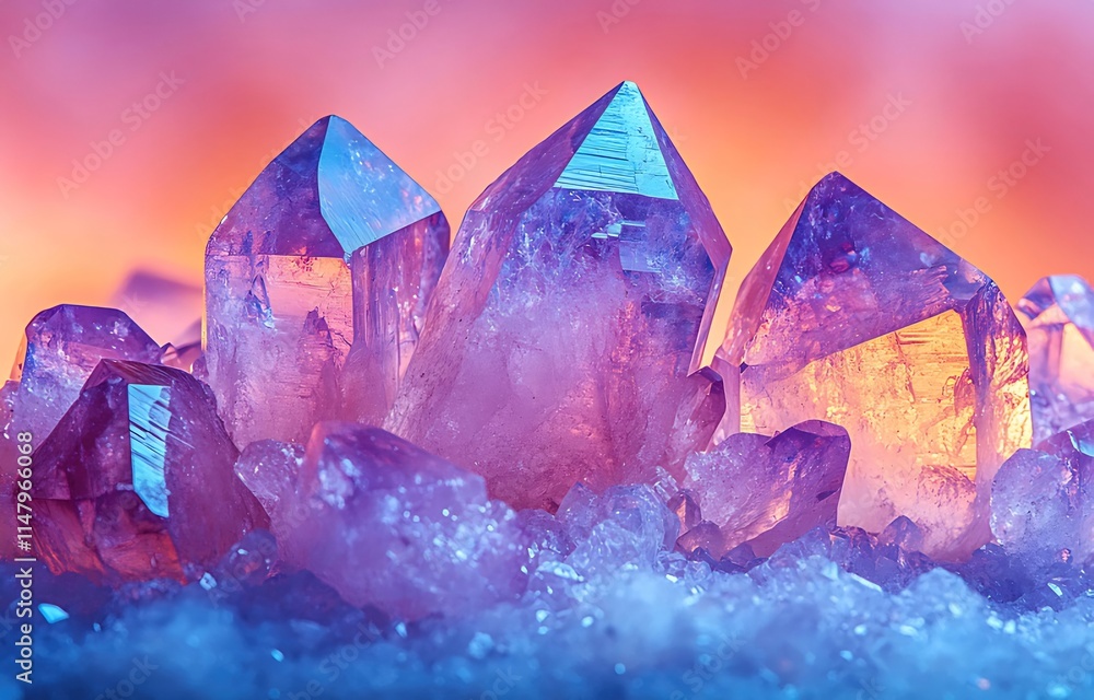 Vibrant purple and orange crystals cluster on a white surface against a sunset backdrop. Vibrant purple and orange crystals cluster on a white surface against a sunset backdrop.