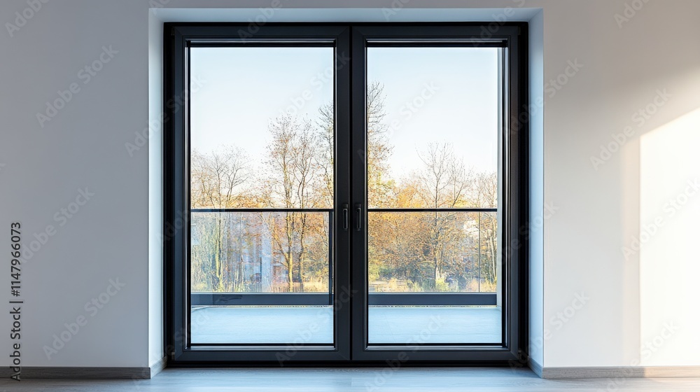 Modern black framed windows with a view of trees reflecting natural light indoors. Modern black framed windows with a view of trees reflecting natural light indoors.