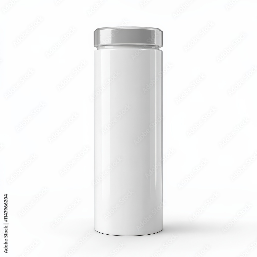 Sleek white thermos bottle with silver lid on a minimalist background. Sleek white thermos bottle with silver lid on a minimalist background.
