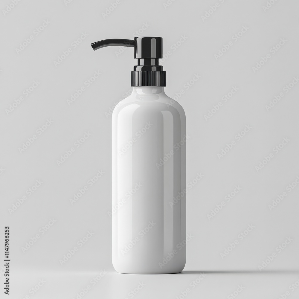 Stylish white pump bottle for skincare or personal care products on a minimalist background. Stylish white pump bottle for skincare or personal care products on a minimalist background.