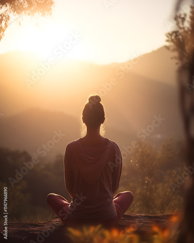 Woman Meditating Peacefully in Nature at Sunrise, Embracing Serenity