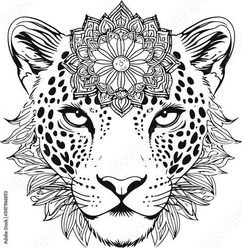 A minimalist, intricately designed coloring page for adults, featuring a majestic leopard's face  adorned with an exquisite mandala pattern.eps