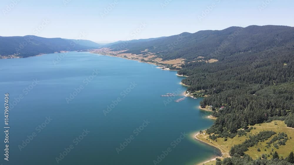 Aerial Summer view of Dospat Reservoir near town of Sarnitsa, Pazardzhik Region, Bulgaria Aerial Summer view of Dospat Reservoir near town of Sarnitsa, Pazardzhik Region, Bulgaria