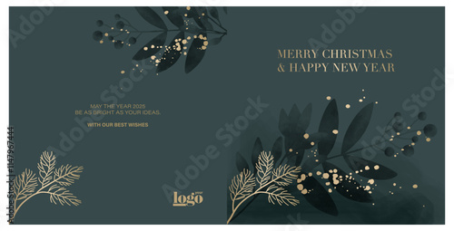2025 logo and premium wish card with leaf style. Merry Christmas and Happy new Year.