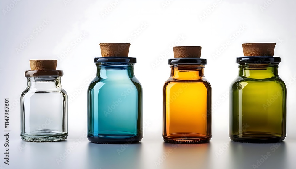 Four small glass bottles of various sizes and colors stand against a white background. Four small glass bottles of various sizes and colors stand against a white background.
