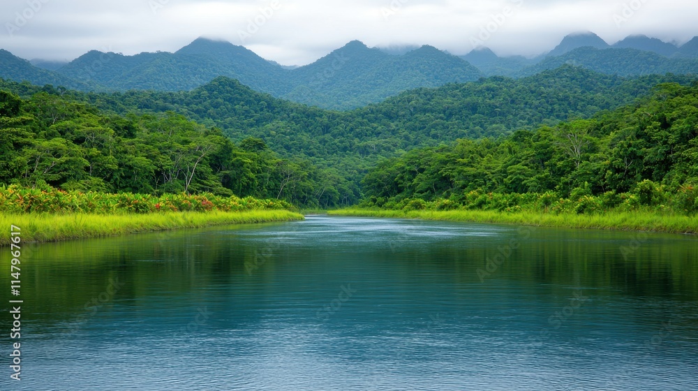 Serene River Flowing Through Lush Green Mountains and Foggy Hills Serene River Flowing Through Lush Green Mountains and Foggy Hills
