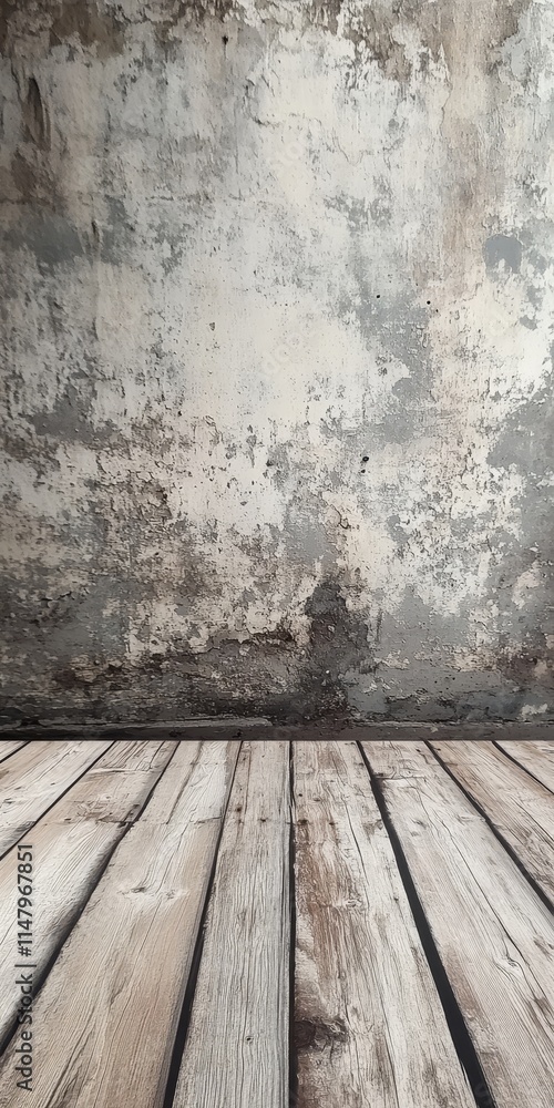 Fototapeta premium Textured Concrete Wall and Wooden Floor Create a Rustic Backdrop for Creative Design in an Indoor Space